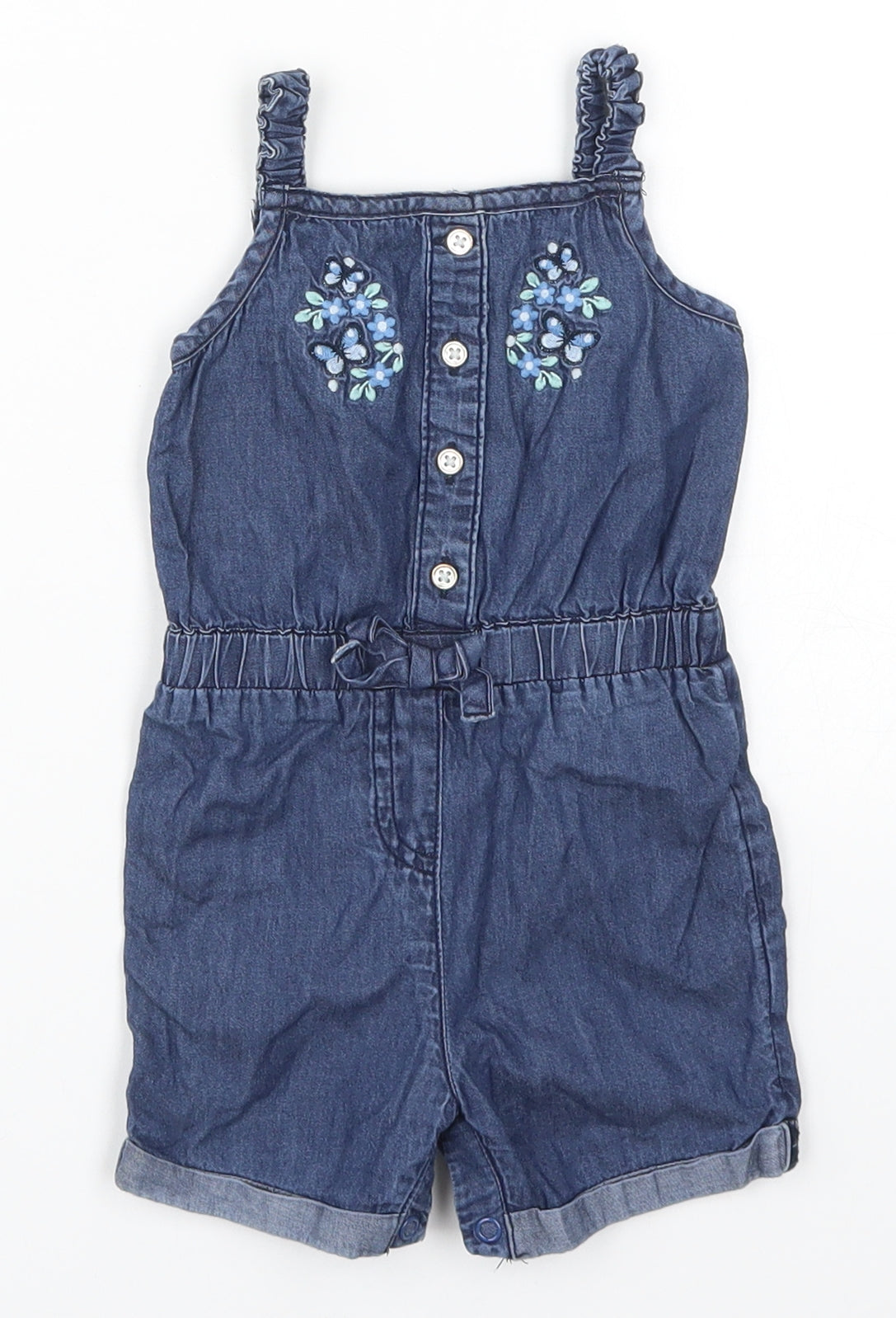 Primark Girls Blue Floral Denim Romper One-Piece Size 9-12 Months