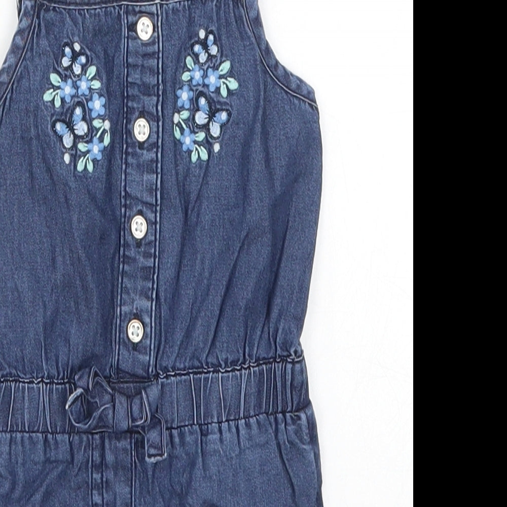 Primark Girls Blue Floral Denim Romper One-Piece Size 9-12 Months