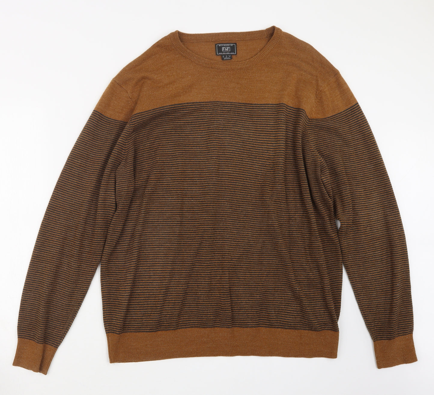 F&F Mens Brown Striped Knit Pullover Jumper Size XL