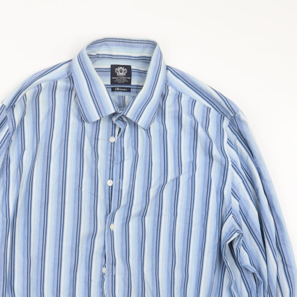 French Connection Mens Blue Striped   Button-Up Size 2XL