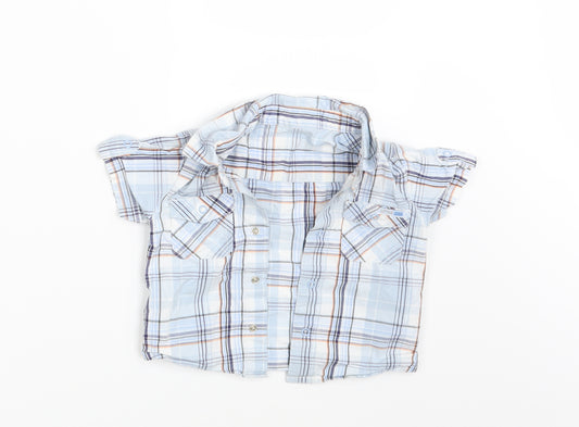 Front view of George boys’ blue check basic button-up, size 9-12, months