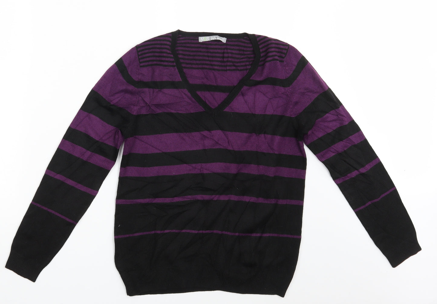 M&S Womens Purple Striped Knit Pullover Jumper Size 10