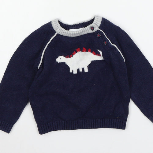 The White Company Boys Blue  Knit Pullover Jumper Size 9-12 Months  - Dinosaur