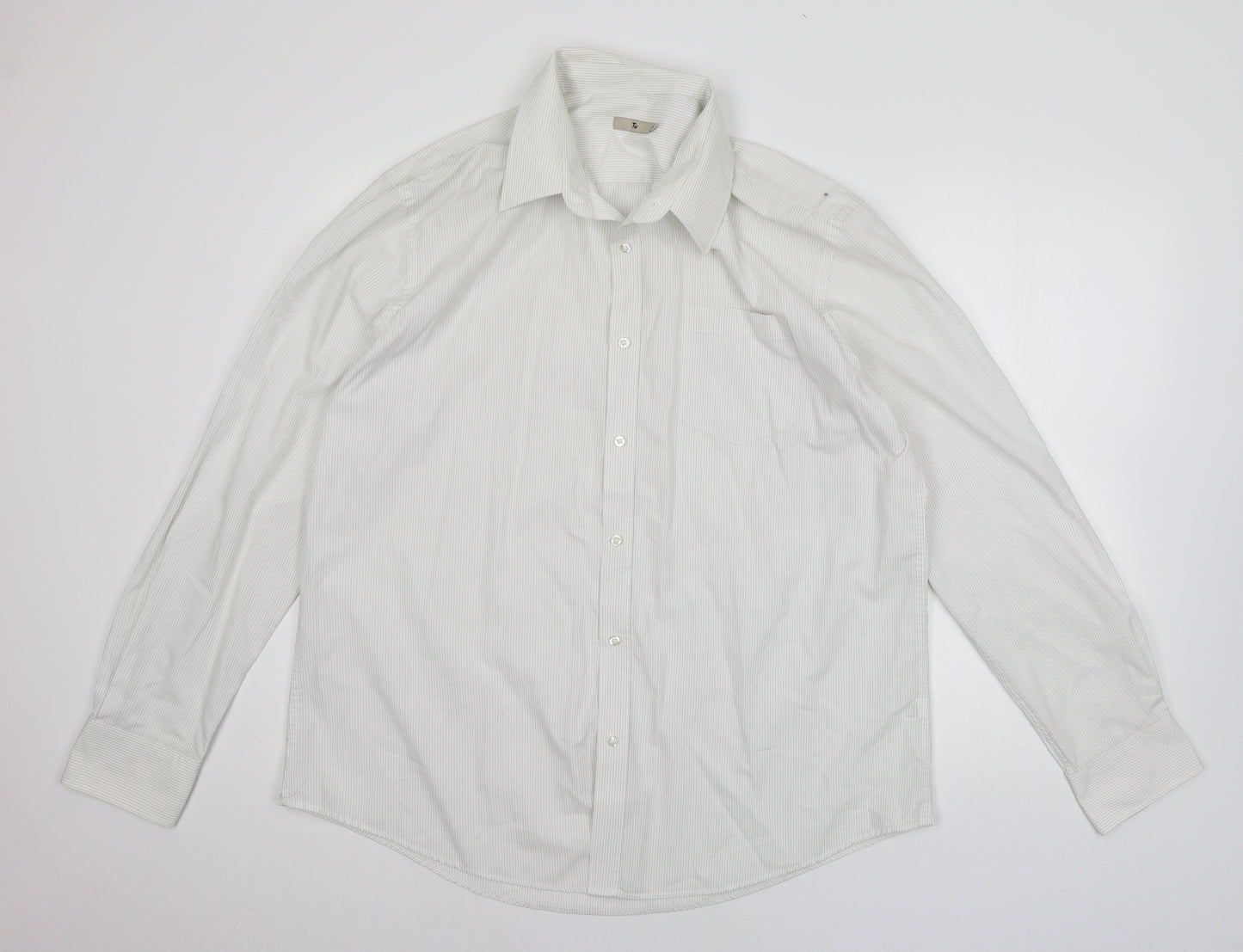 TU Mens White Striped   Button-Up Size 17.5