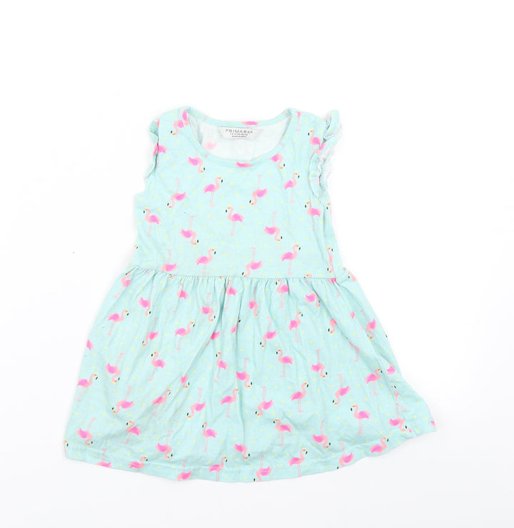 Primark Girls Blue Polka Dot  Skater Dress  Size 18 Months  - Flamingo print