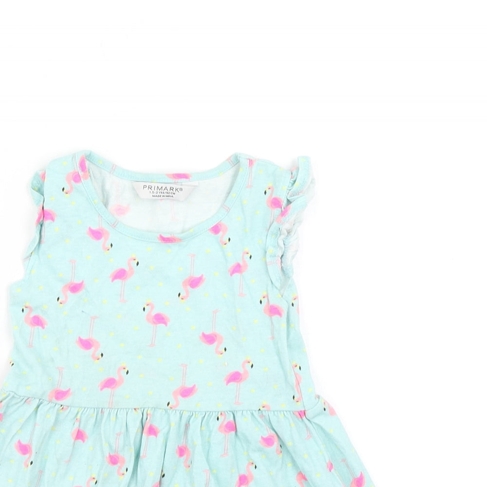 Primark Girls Blue Polka Dot  Skater Dress  Size 18 Months  - Flamingo print