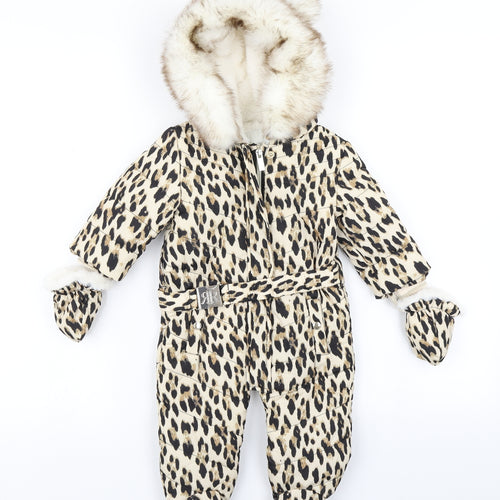 River Island Girls Brown Animal Print  Puffer Jacket Snowsuit Size 3-6 Months  - Mittens Attached