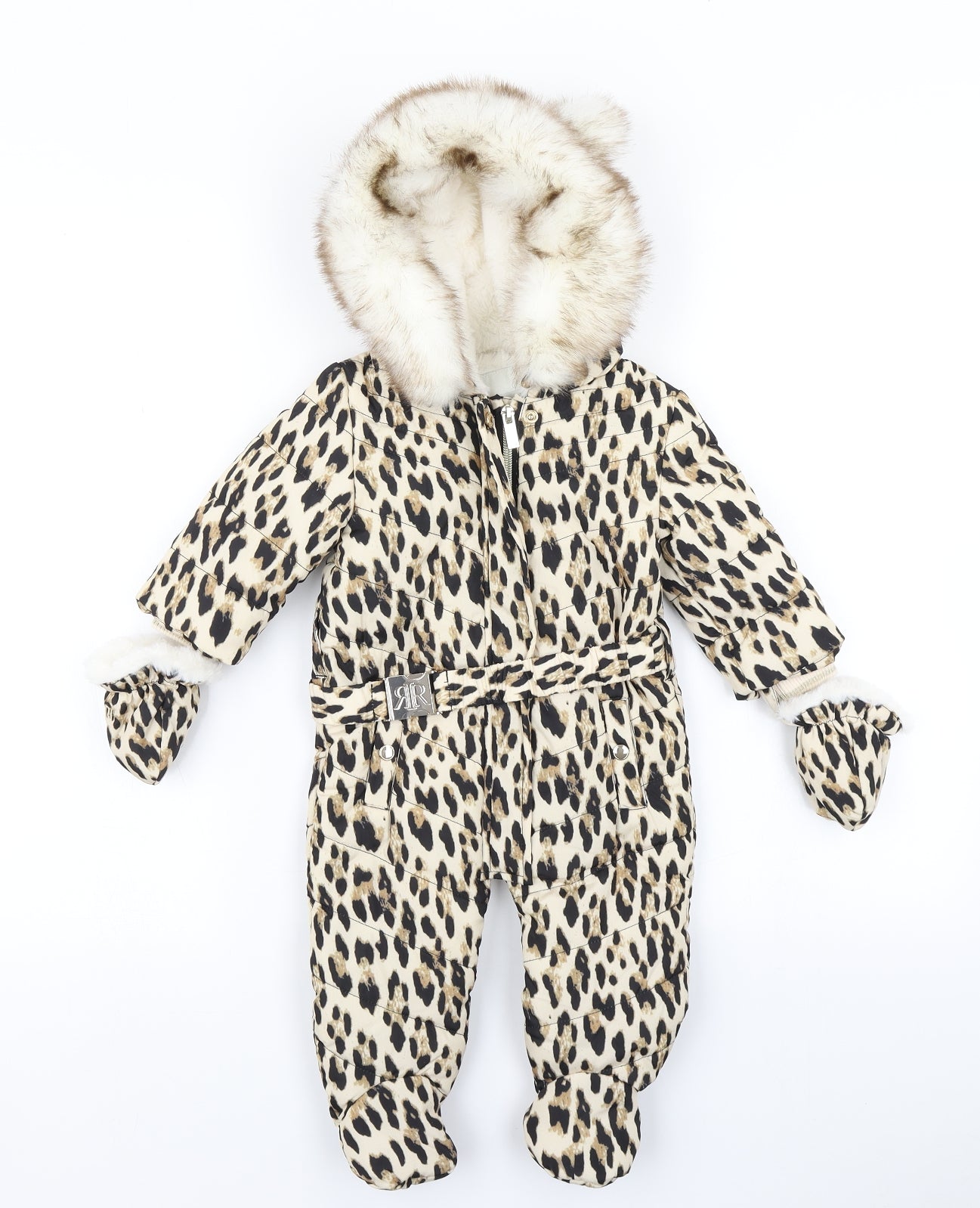 River Island Girls Brown Animal Print  Puffer Jacket Snowsuit Size 3-6 Months  - Mittens Attached
