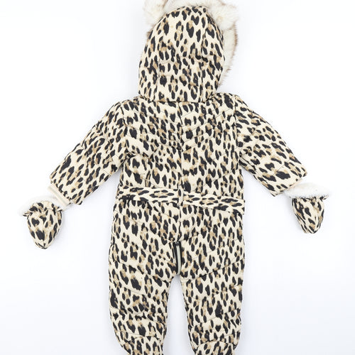 River Island Girls Brown Animal Print  Puffer Jacket Snowsuit Size 3-6 Months  - Mittens Attached
