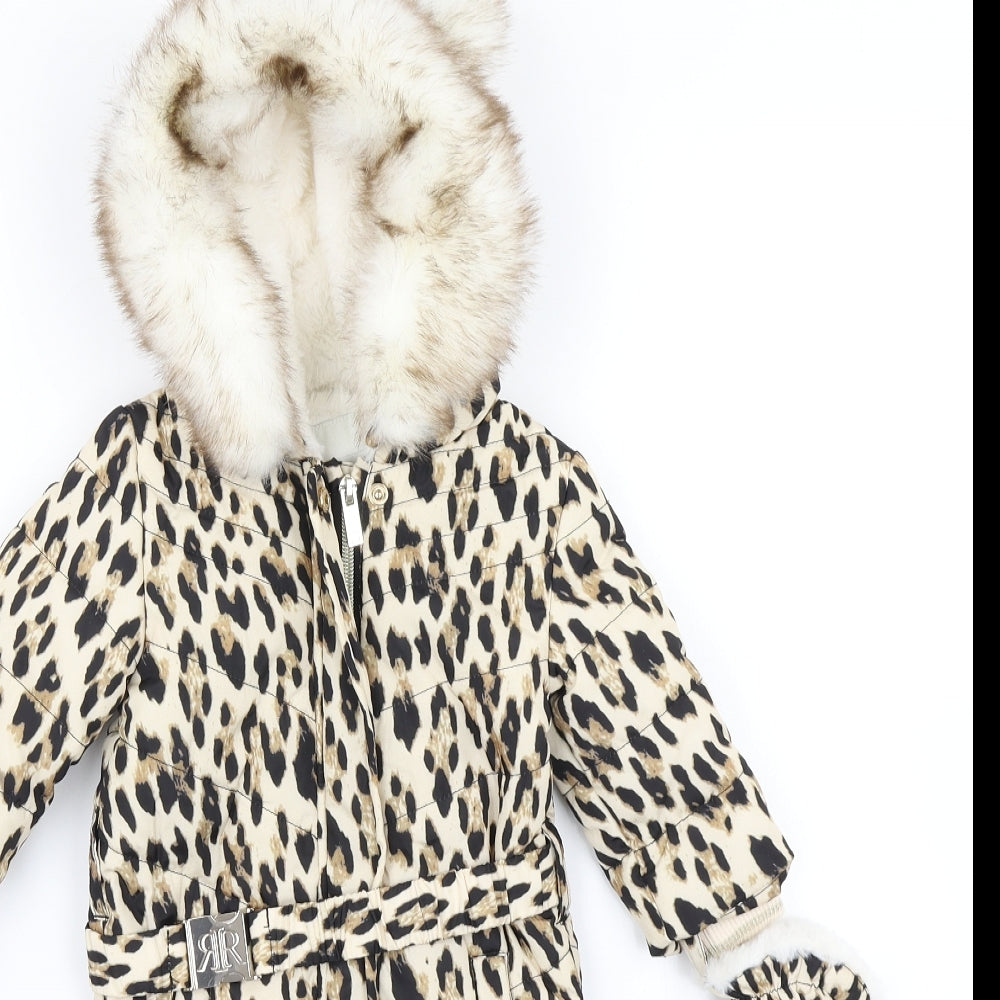 River Island Girls Brown Animal Print  Puffer Jacket Snowsuit Size 3-6 Months  - Mittens Attached