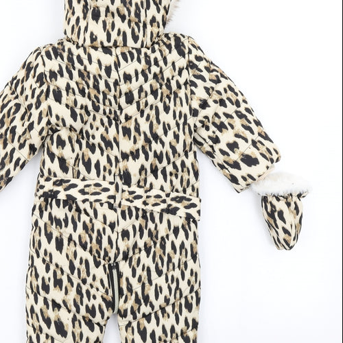 River Island Girls Brown Animal Print  Puffer Jacket Snowsuit Size 3-6 Months  - Mittens Attached