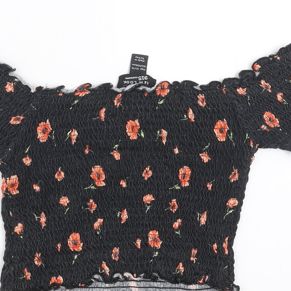 New Look Girls Black Floral  Cropped T-Shirt Size 12-13 Years