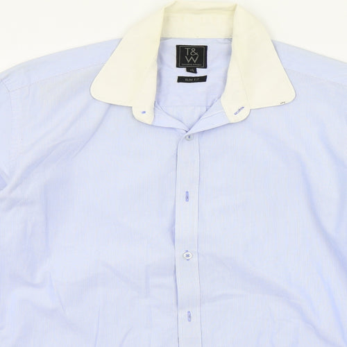 t&w Mens Blue Striped   Button-Up Size 16