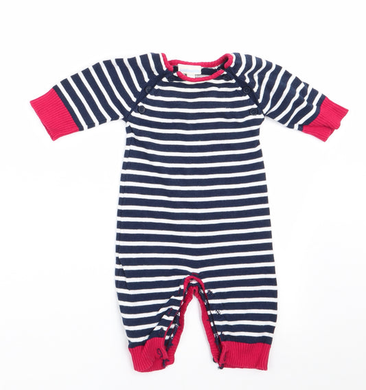 Front view of JoJo Maman Bébé boys’ blue striped romper one-piece, size 0-3, months