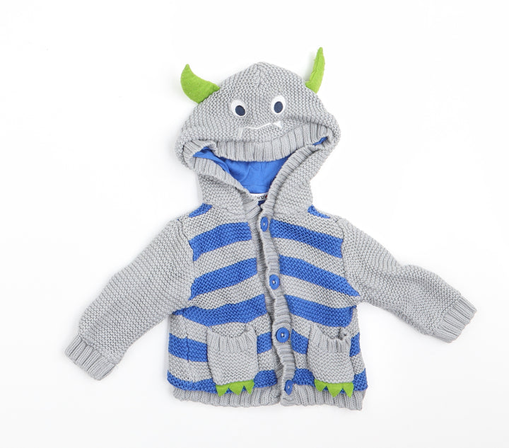 Ladybird Boys Grey Striped  Cardigan Jumper Size 0-3 Months  - Dragon Hood