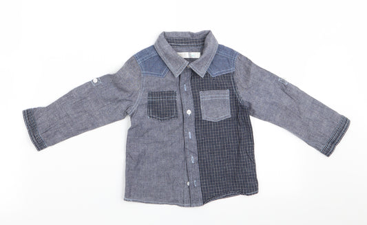 Front view of M&Co boys’ blue basic button-up, size 12-18, months