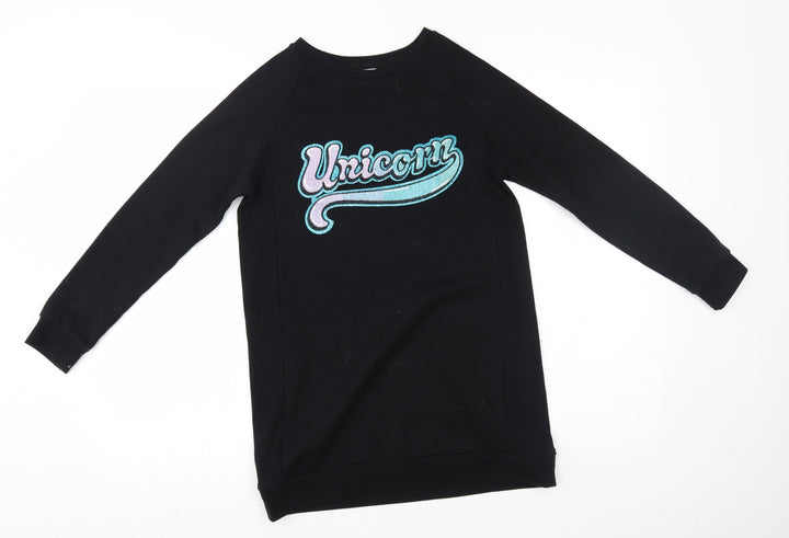F&F Girls Black Tunic Jumper Size 10-11 Years - unicorn