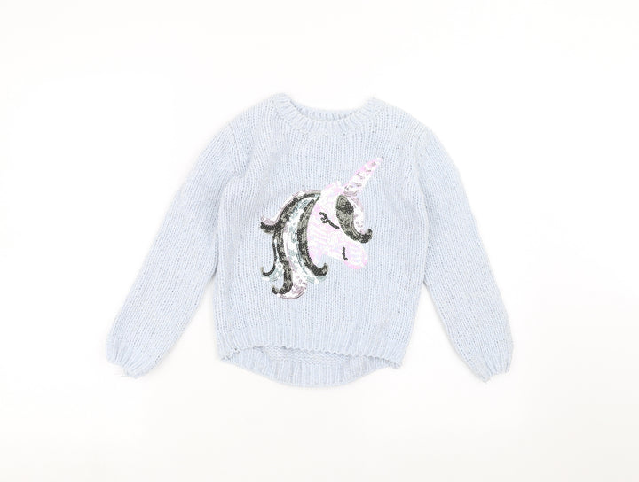 Primark Girls Blue   Pullover Jumper Size 6-7 Years  - unicorn