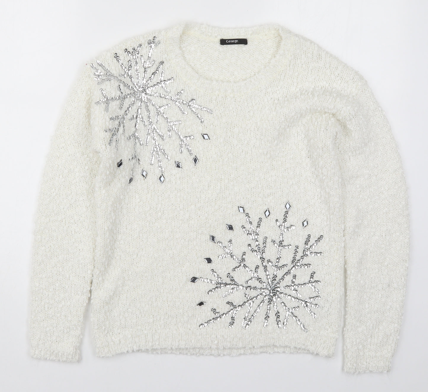 George Womens White  Knit Pullover Jumper Size 8  - Snowflakes