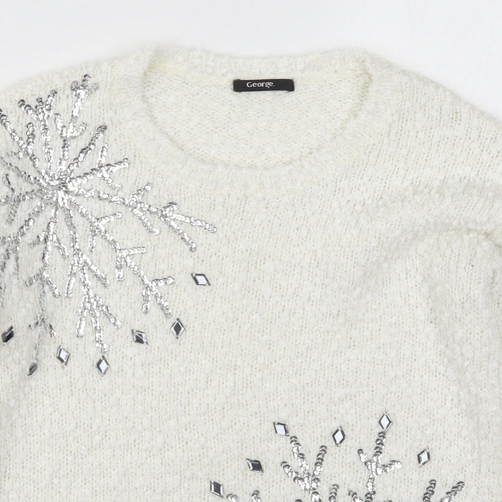 George Womens White  Knit Pullover Jumper Size 8  - Snowflakes