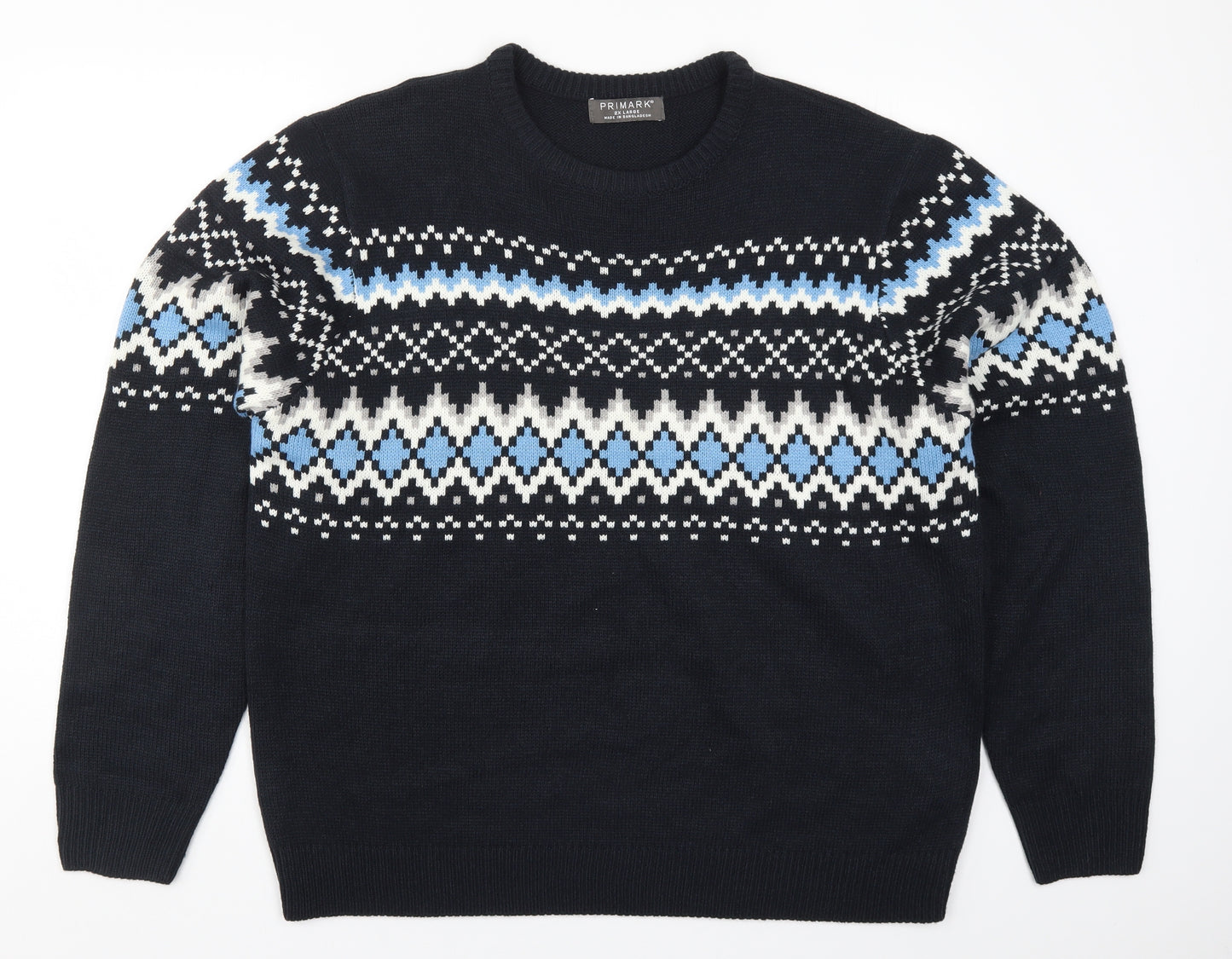 Primark Mens Blue Fair Isle Knit Pullover Jumper Size 2XL