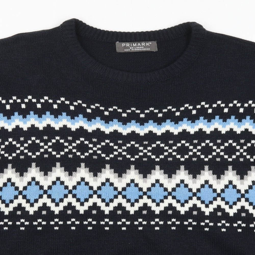 Primark Mens Blue Fair Isle Knit Pullover Jumper Size 2XL