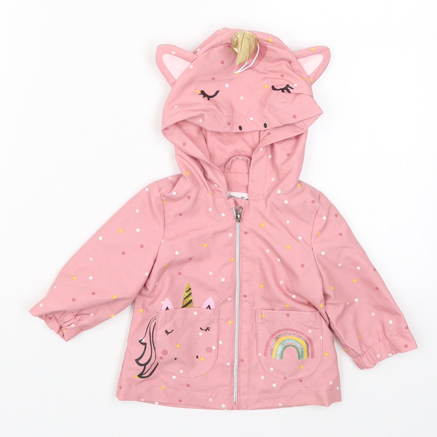 F&F Girls Pink Polka Dot  Basic Coat Coat Size 0-3 Months  - Unicorn