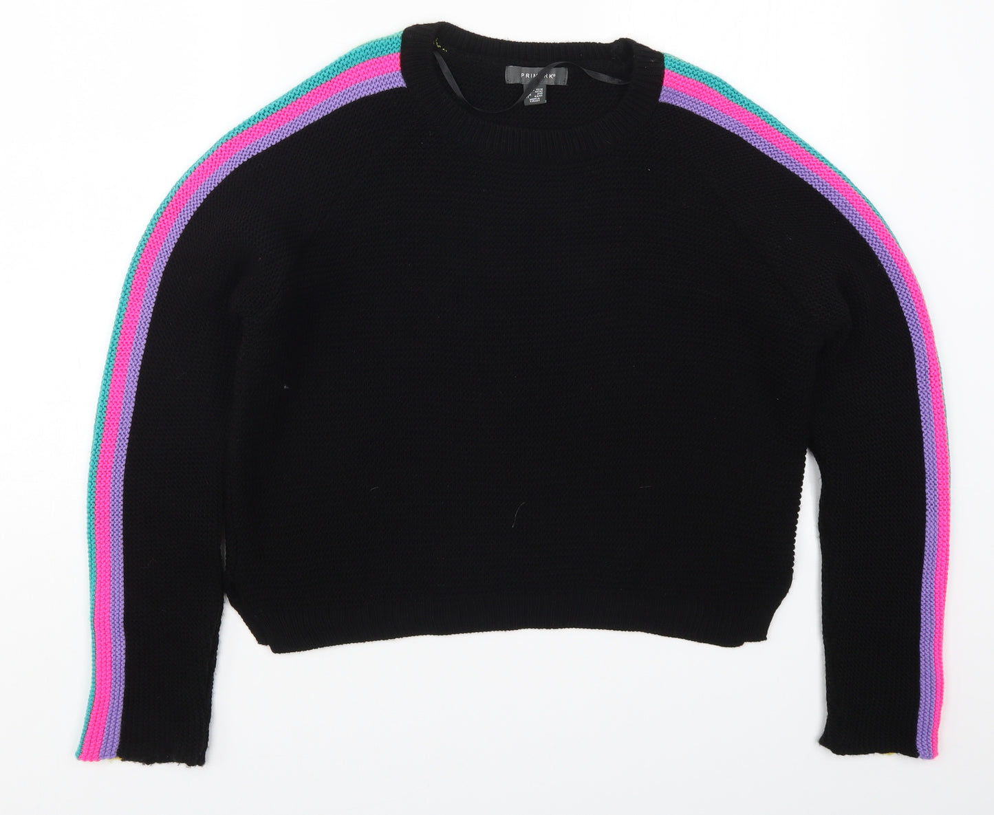Primark Womens Black Striped Knit Pullover Jumper Size 12  - Multicoloured Sleeve Stripes