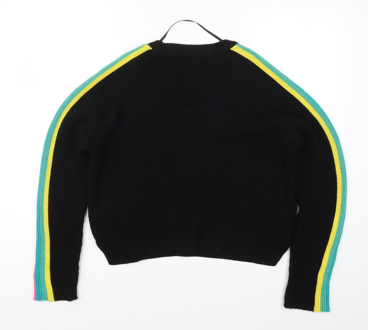 Primark Womens Black Striped Knit Pullover Jumper Size 12  - Multicoloured Sleeve Stripes