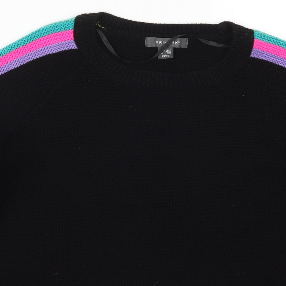 Primark Womens Black Striped Knit Pullover Jumper Size 12  - Multicoloured Sleeve Stripes