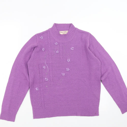 EWM Womens Purple  Knit Pullover Jumper Size S  - Floral embroidery