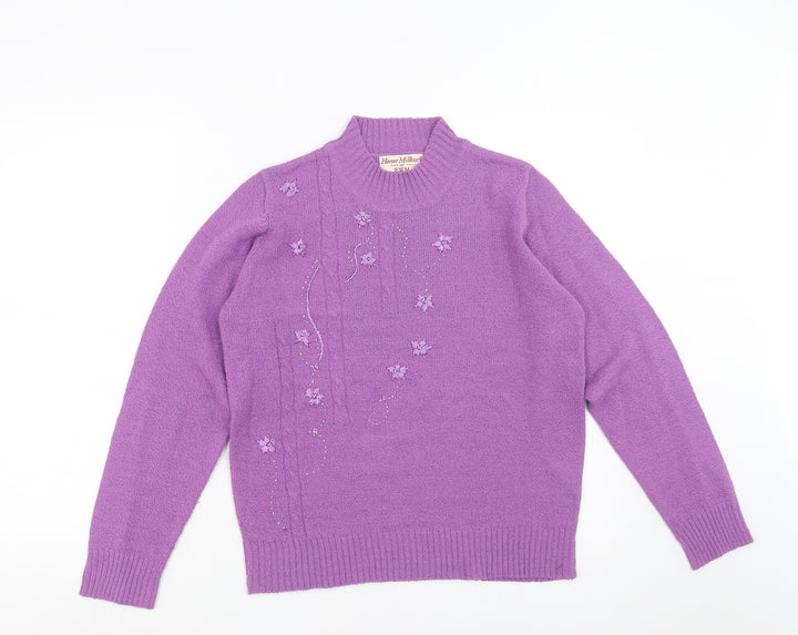 EWM Womens Purple  Knit Pullover Jumper Size S  - Floral embroidery