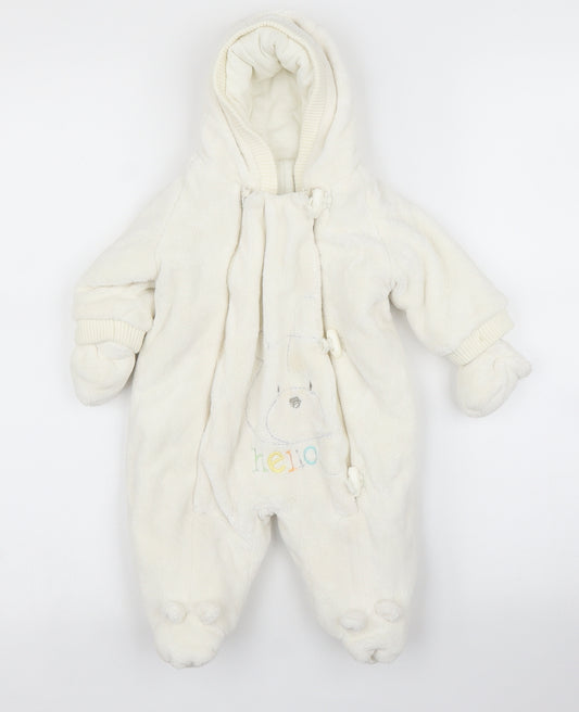 Front view of Mothercare boys’ white overcoat snowsuit