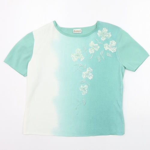 Roman Womens Green Floral  Basic T-Shirt Size M