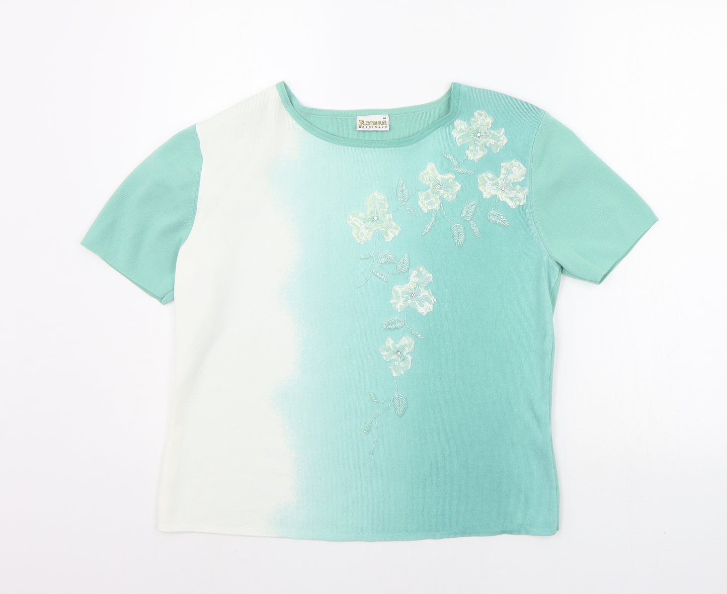 Roman Womens Green Floral  Basic T-Shirt Size M