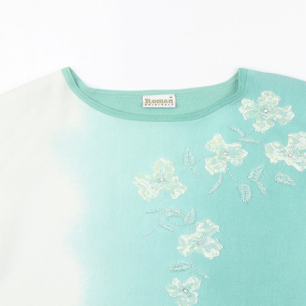 Roman Womens Green Floral  Basic T-Shirt Size M