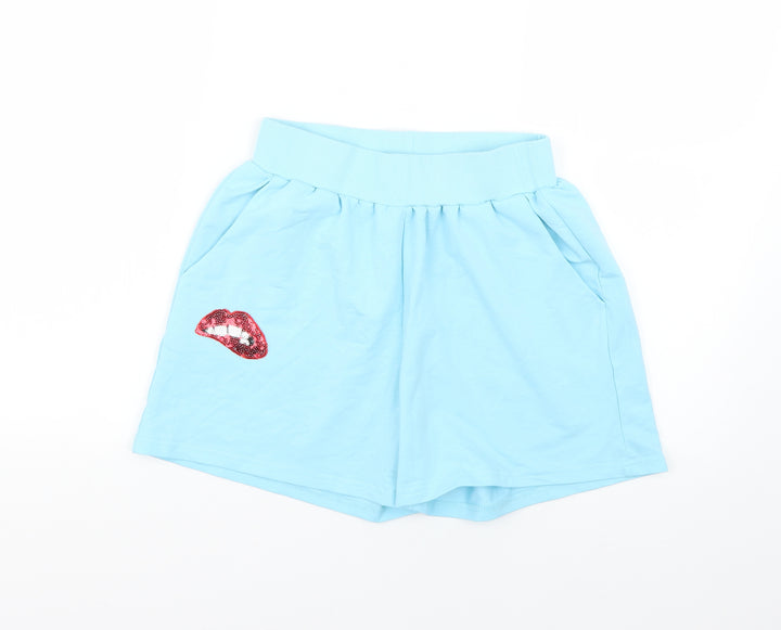 flamode Womens Blue Geometric Cut-Off Shorts Size S