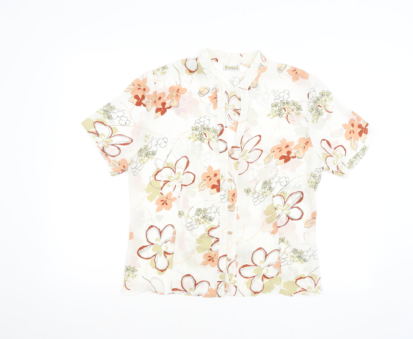 Roman Womens White Floral  Basic Button-Up Size 14