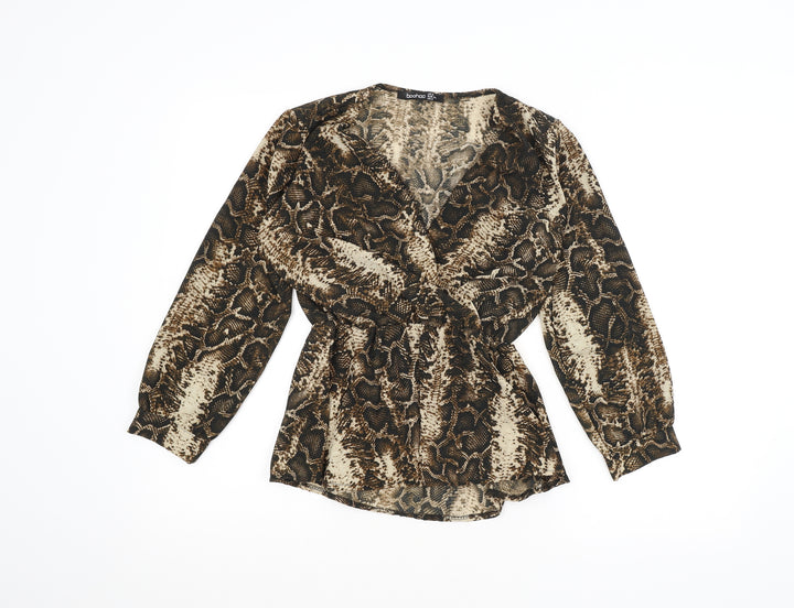 Boohoo Womens Brown Animal Print Basic Blouse Size 6