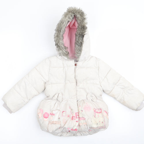 Mothercare Girls Ivory Polka Dot  Anorak Coat Size 18-24 Months  - Cat Scene Print