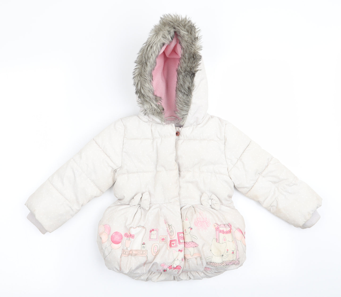 Mothercare Girls Ivory Polka Dot  Anorak Coat Size 18-24 Months  - Cat Scene Print