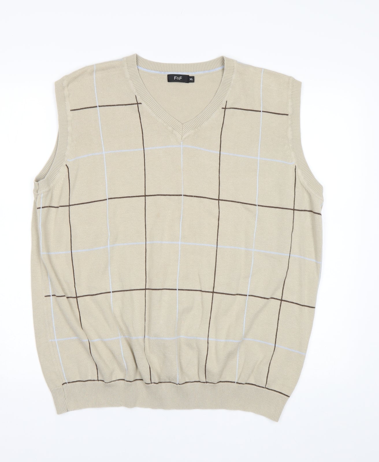 F&F Mens Beige Check  Vest Jumper Size XL