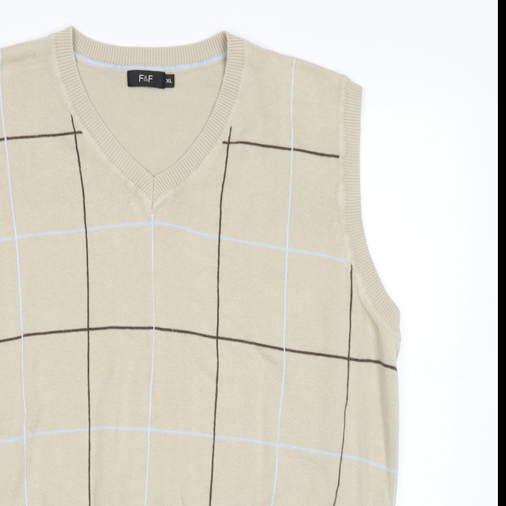 F&F Mens Beige Check  Vest Jumper Size XL