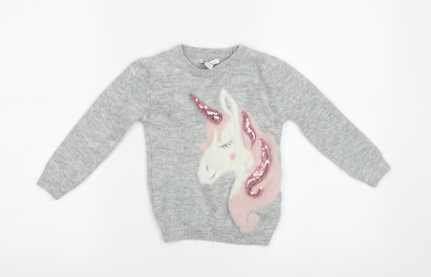 Primark Girls Grey   Pullover Jumper Size 4-5 Years  - Unicorn