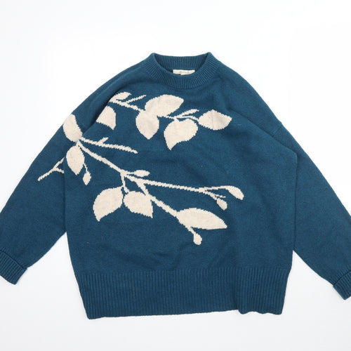 White Stuff Womens Blue  Knit Pullover Jumper Size 14  - Jacquard Flowers