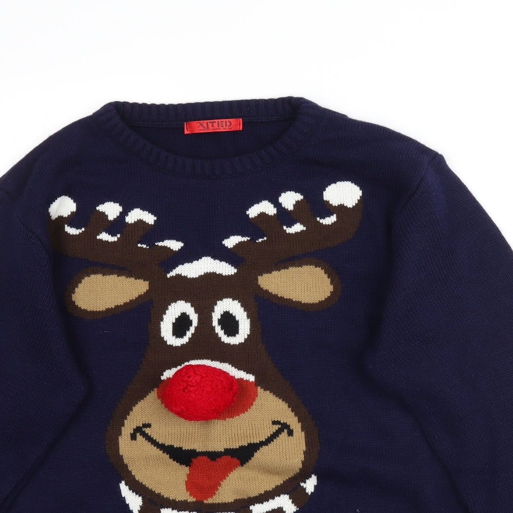 Xited Mens Blue  Knit Pullover Jumper Size M  - Christmas Reindeer