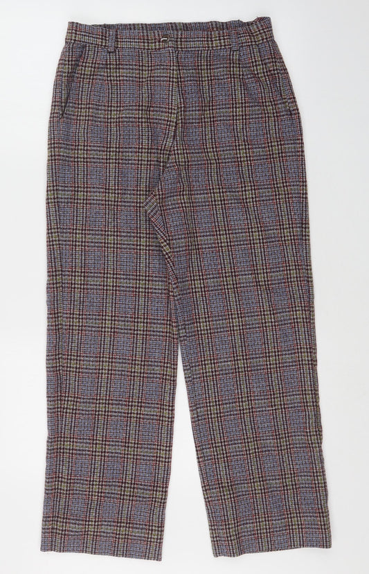 Front view of constance wood women’s multicoloured check dress pants trousers, size UK 12, 26-inch leg