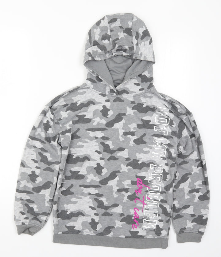 Primark Girls Grey Camouflage  Pullover Hoodie Size 11-12 Years  - Not my Problem Don't Care