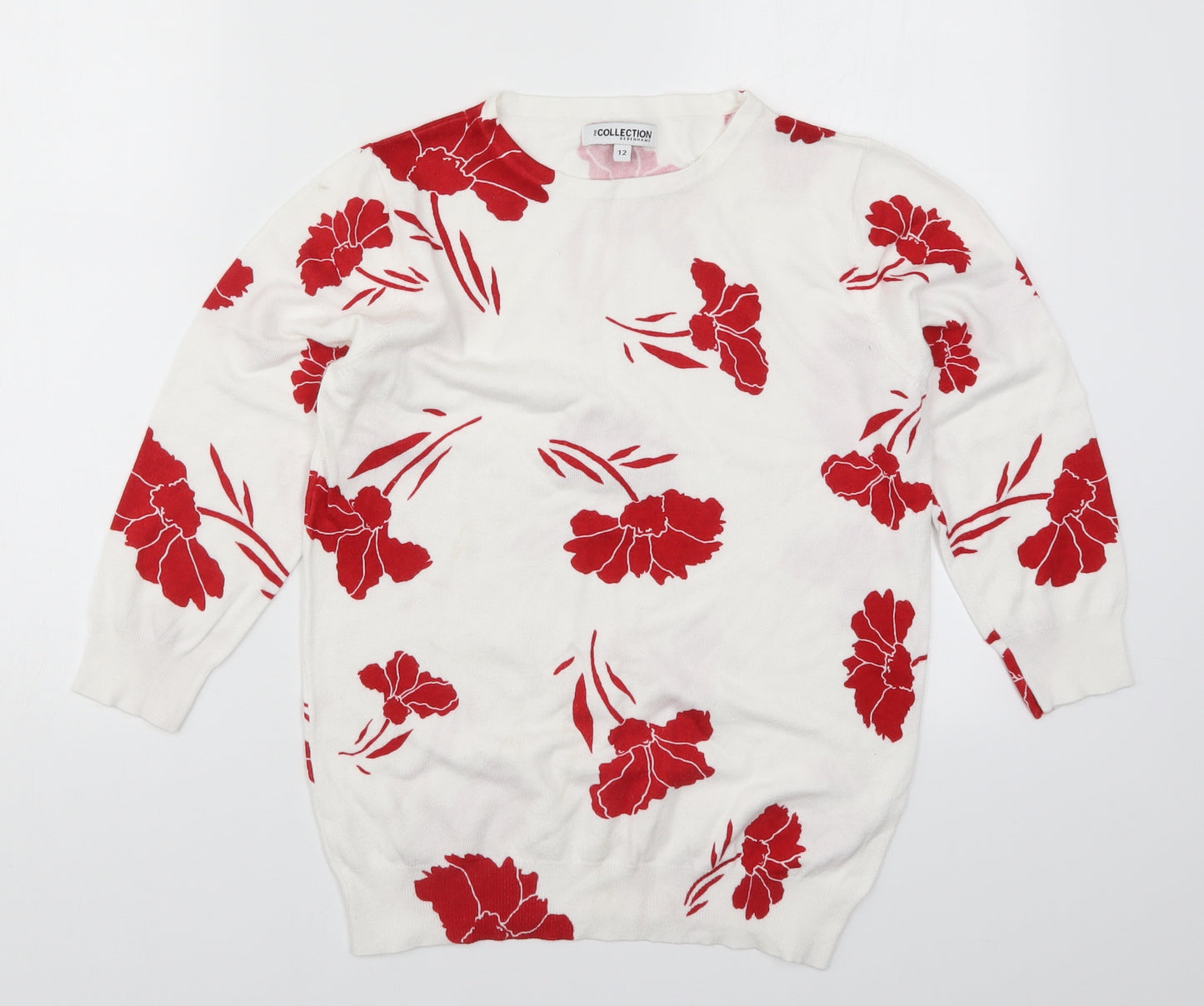 Debenhams Womens White Floral Knit Pullover Jumper Size 12  - Red Flowers