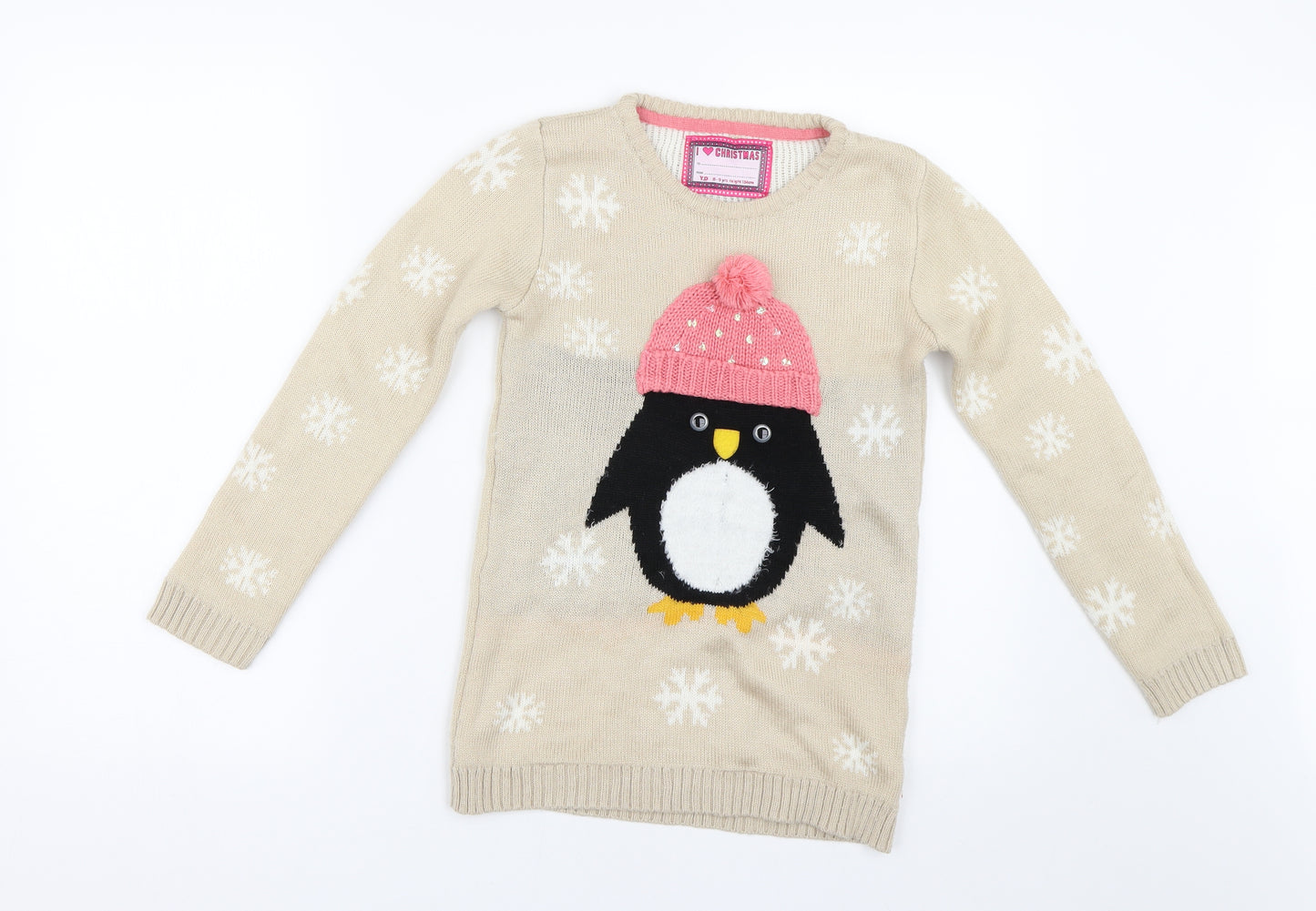 Primark Girls Beige  Knit Pullover Jumper Size 8-9 Years  - Penguin